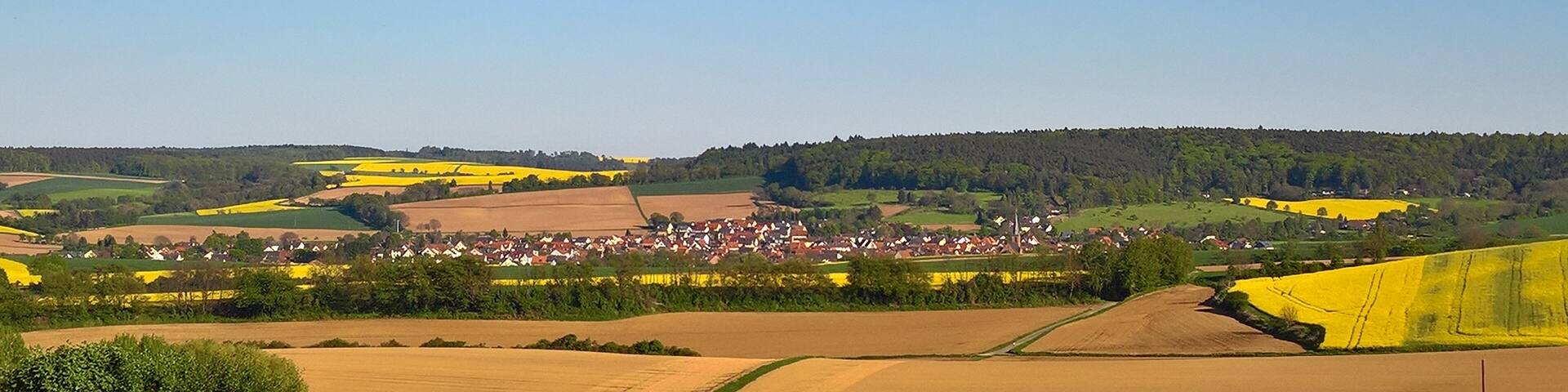Ansicht von der Schaafheimer Warte ins Pflaumbachtal nach Wenigumstadt; rechts im Bild mit Beginn der Rapsfelder etwa die Landesgrenze Bayern - Hessen