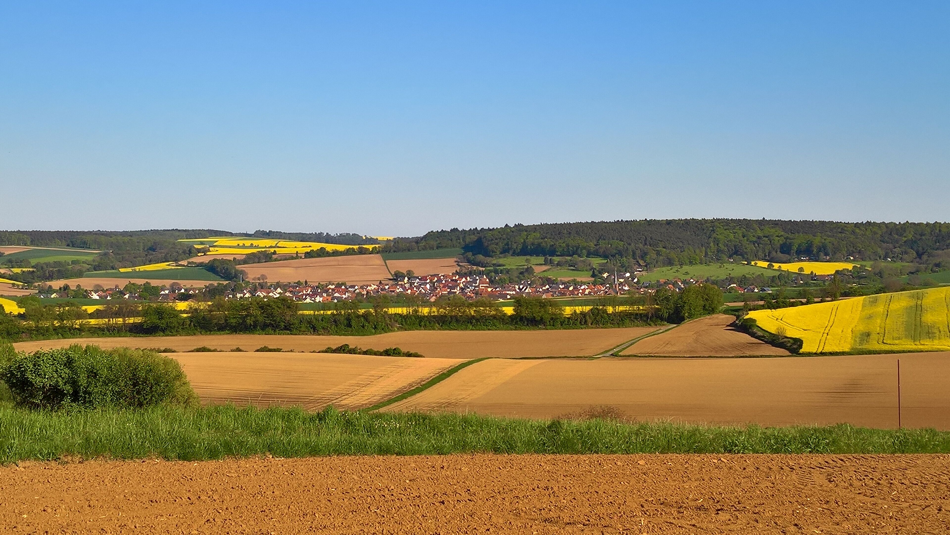 A rural landscape with fields, a small village, and a forested hill.