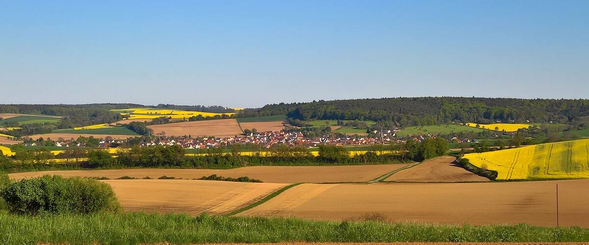 A rural landscape with fields, a small village, and a forested hill.