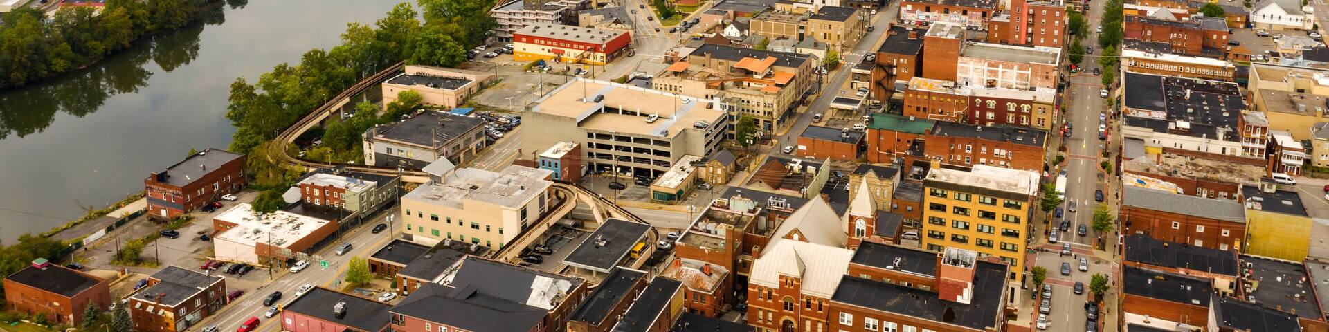 Aerial Perspective Over The Riverfront Downtown City Center Morgantown West Virginia
