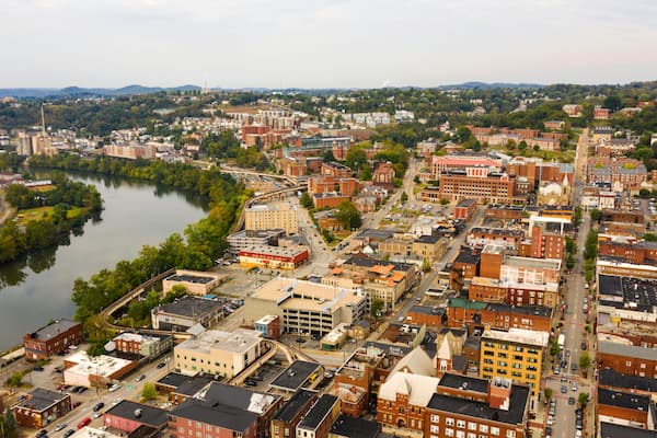 Aerial Perspective Over The Riverfront Downtown City Center Morgantown West Virginia