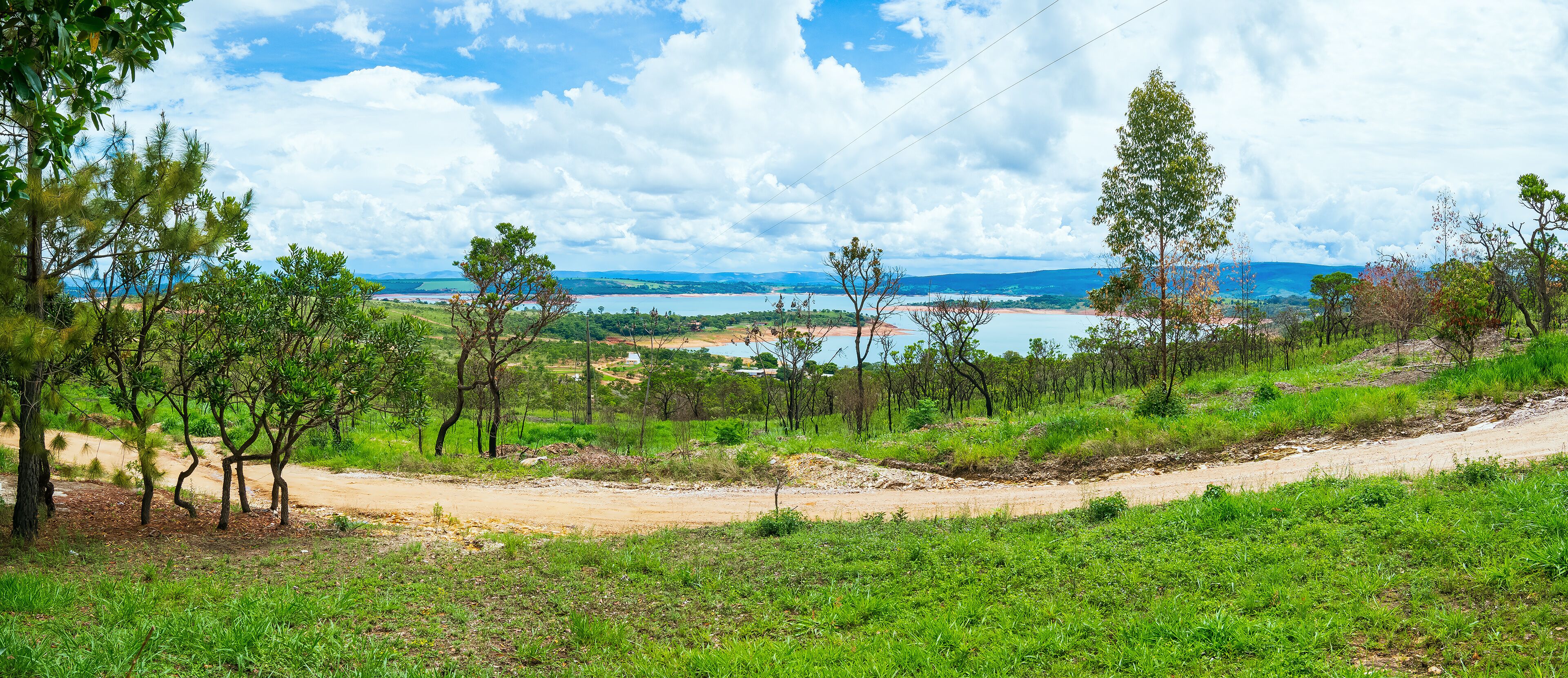 A dirt road winding through a lush green landscape with trees and a distant view of a lake and mountains.