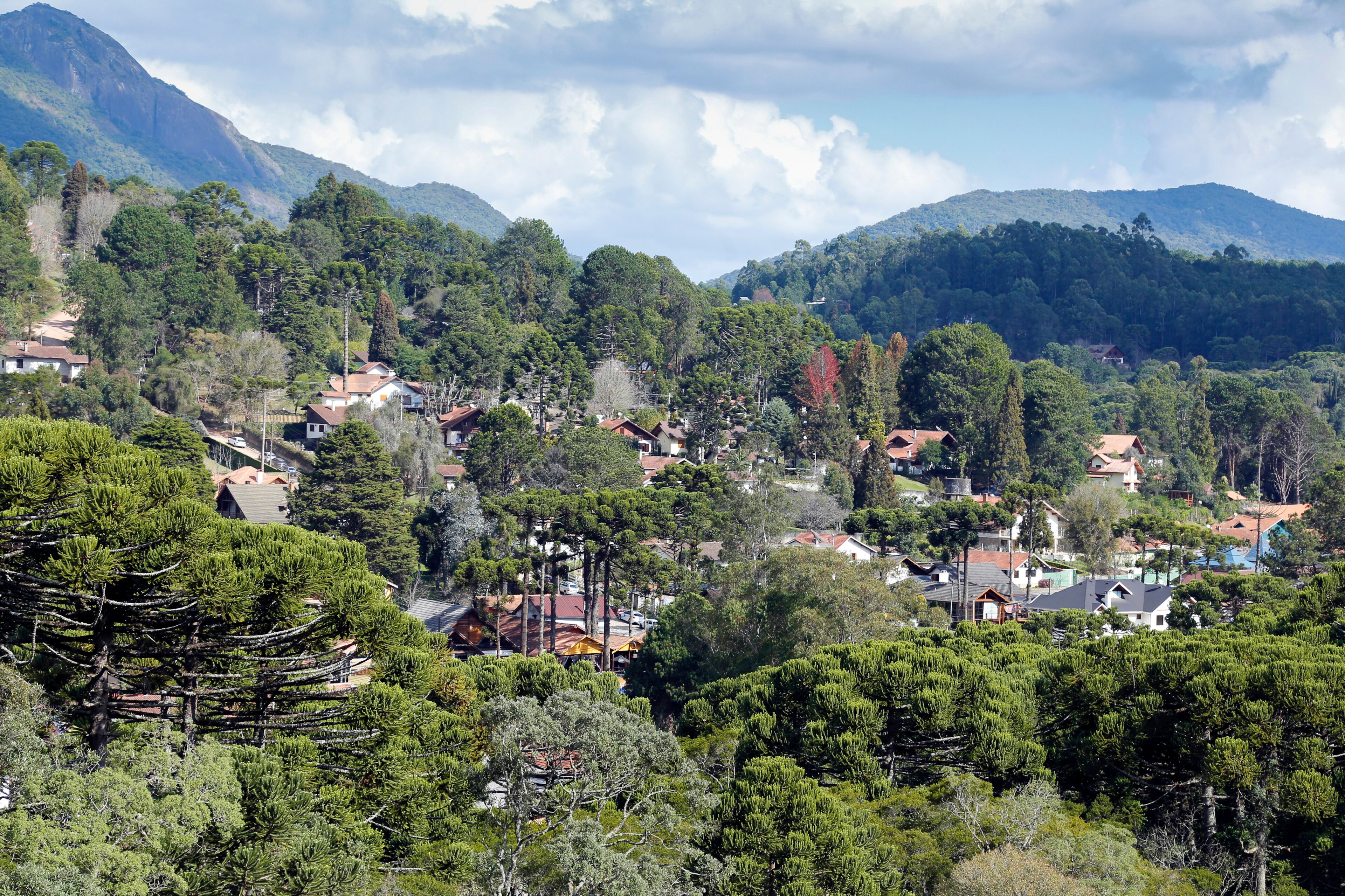 view of nature and buildings among the mountains of Monte Verde, district of Camanducaia, interior of Minas Gerais