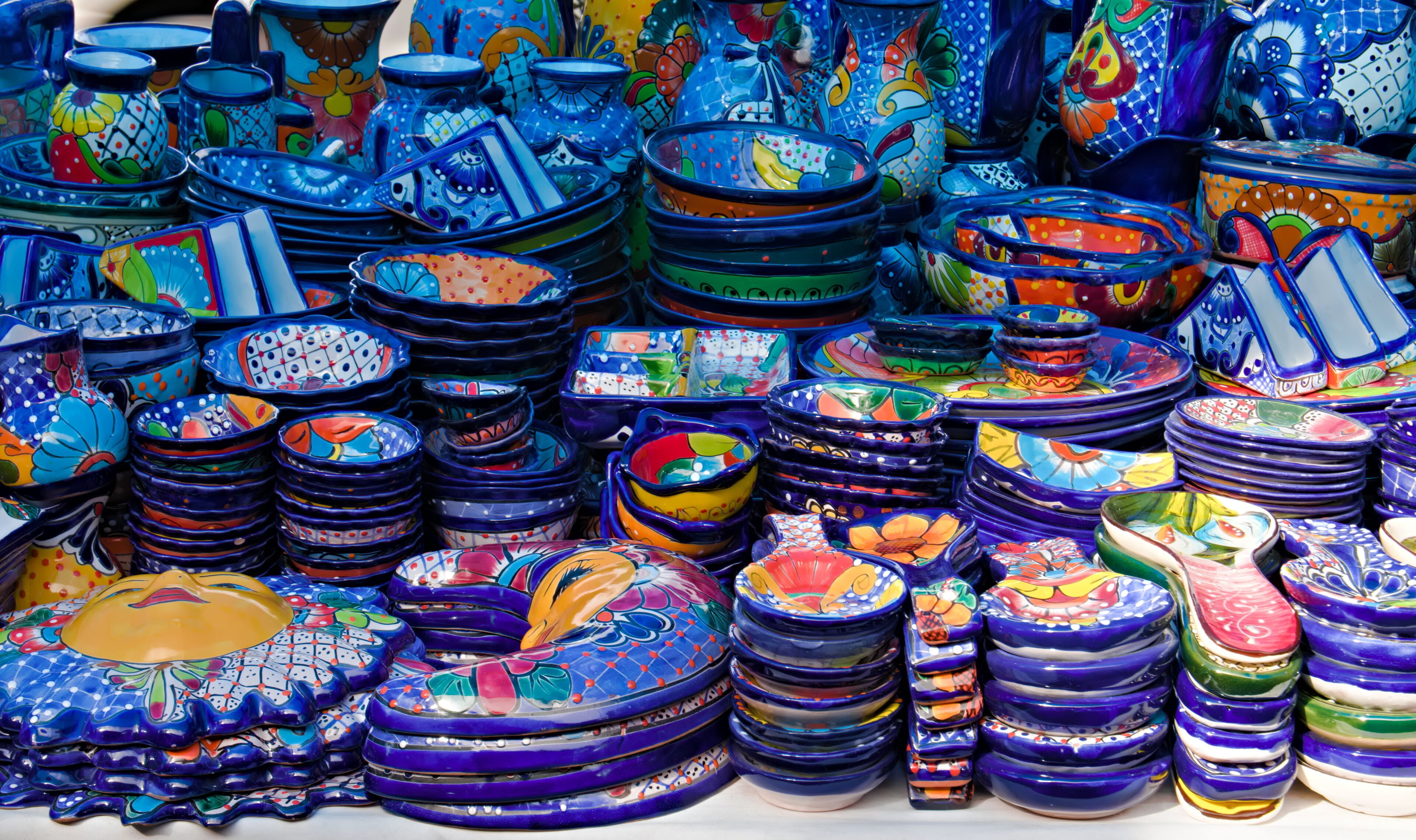 Traditional Mexican Pottery  painted with beautiful colors, as sold in a street market