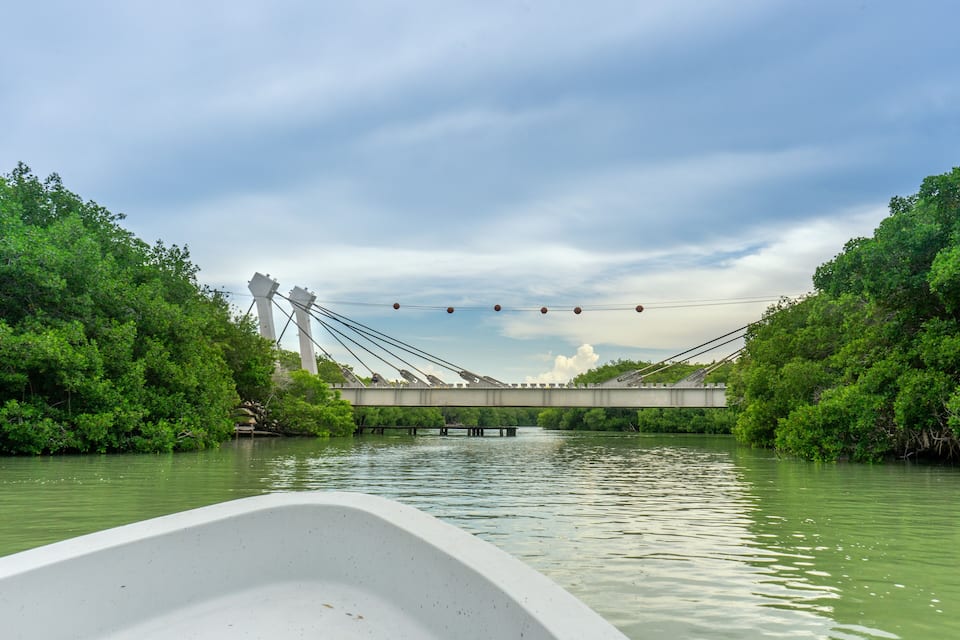 A river with a bridge, lush greenery, and a cloudy sky.