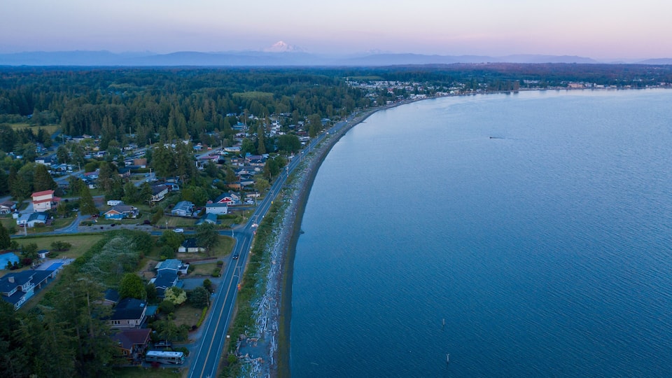 An aerial view of a coastal town with a long waterfront, dense forested area, and distant mountains.