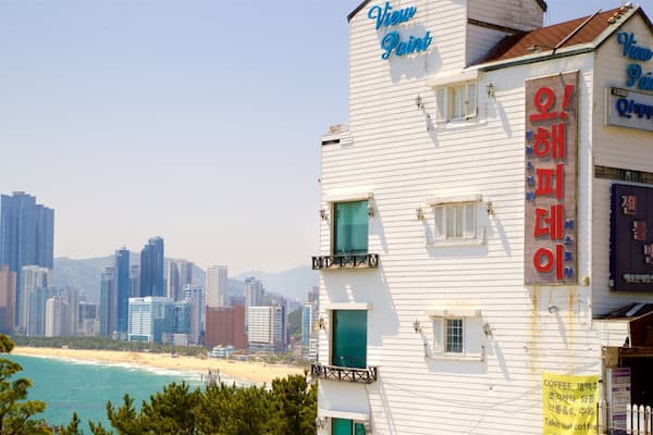 A coastal cityscape with a beach, a white building with signage, and a skyline of tall buildings.