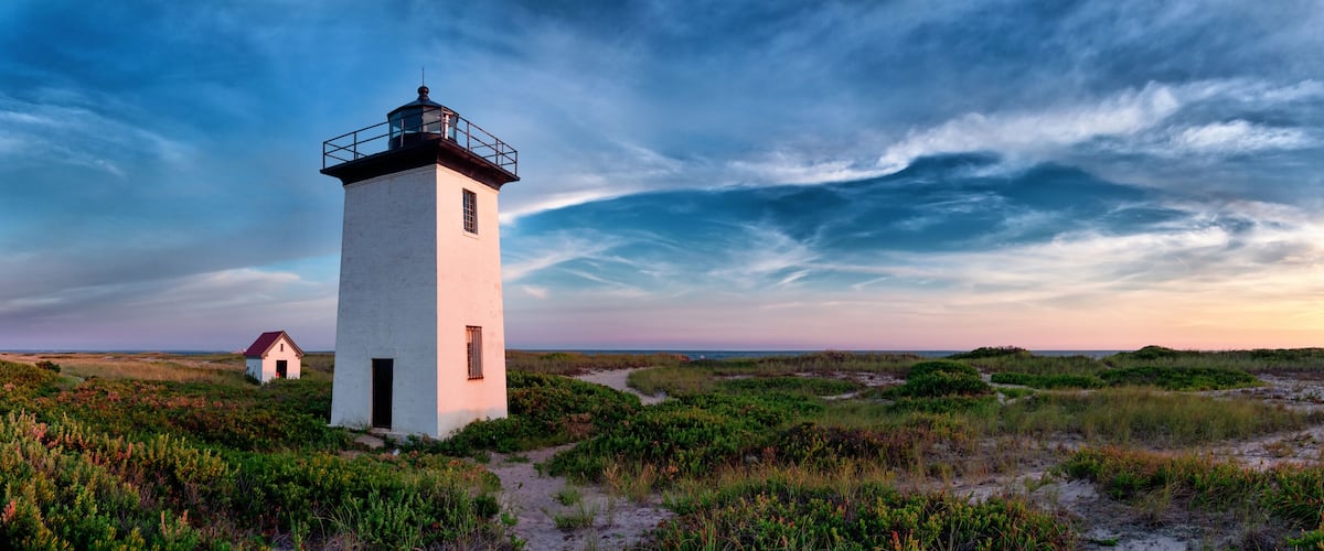 A white lighthouse with a black top and a small building nearby, surrounded by coastal vegetation and dunes.