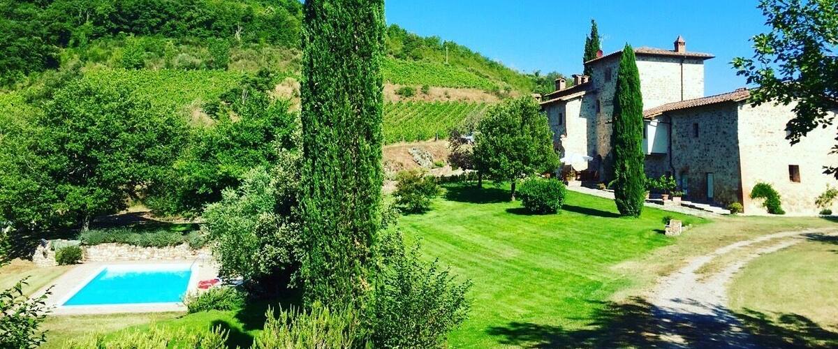 A lush green landscape with a swimming pool, a tall tree, and a stone building.