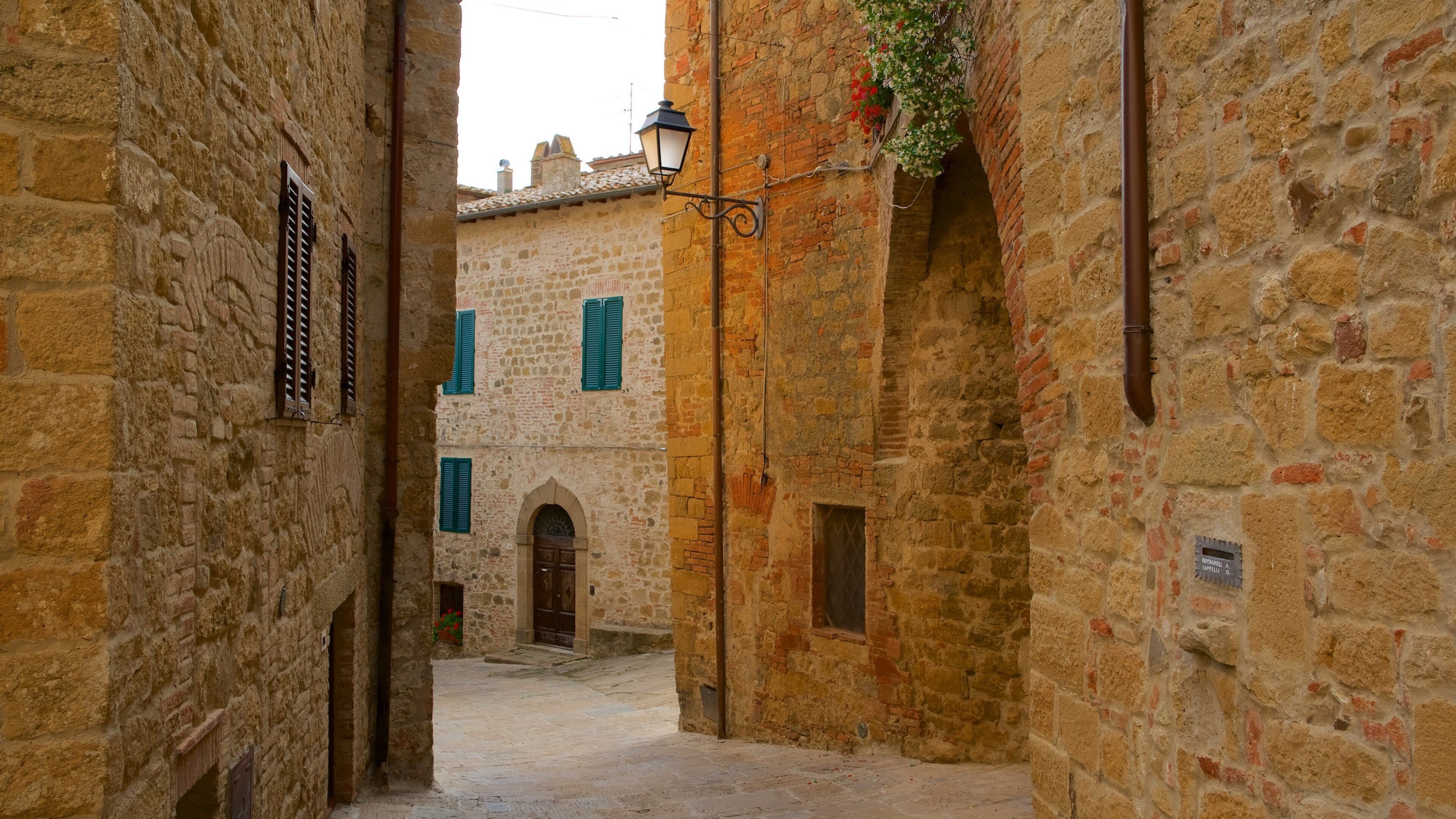 A narrow stone alleyway with traditional buildings, a wooden door, and a hanging flower basket.