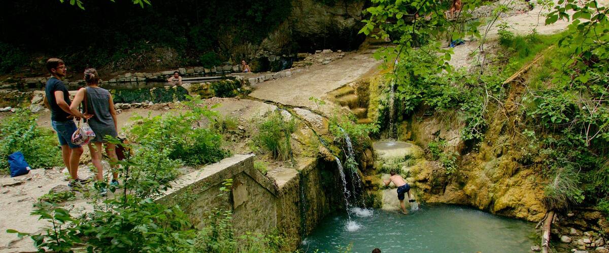 A natural pool surrounded by greenery, with people swimming and relaxing.