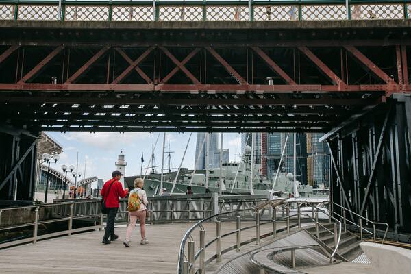 Pyrmont Bridge which includes a bay or harbor as well as a couple