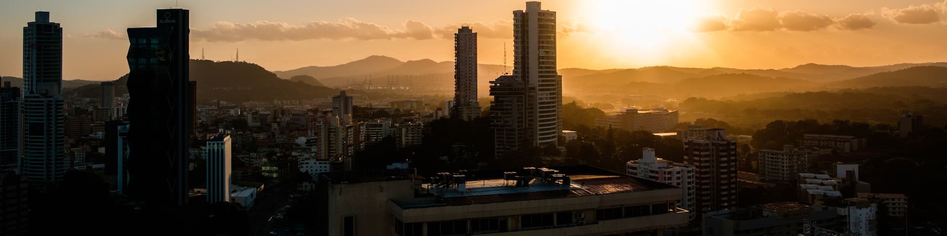sunset sky above Panama City - cityscape panorama view