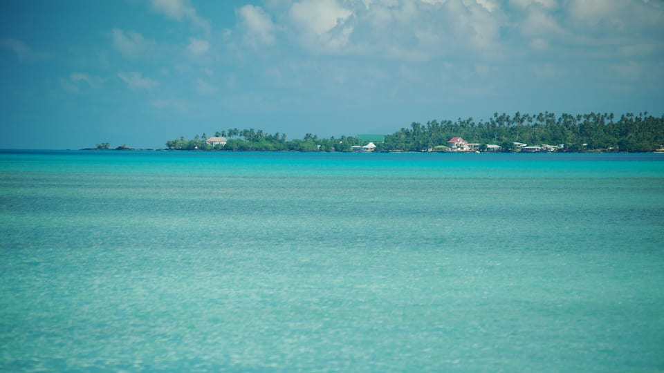 A turquoise sea with a small island in the distance.