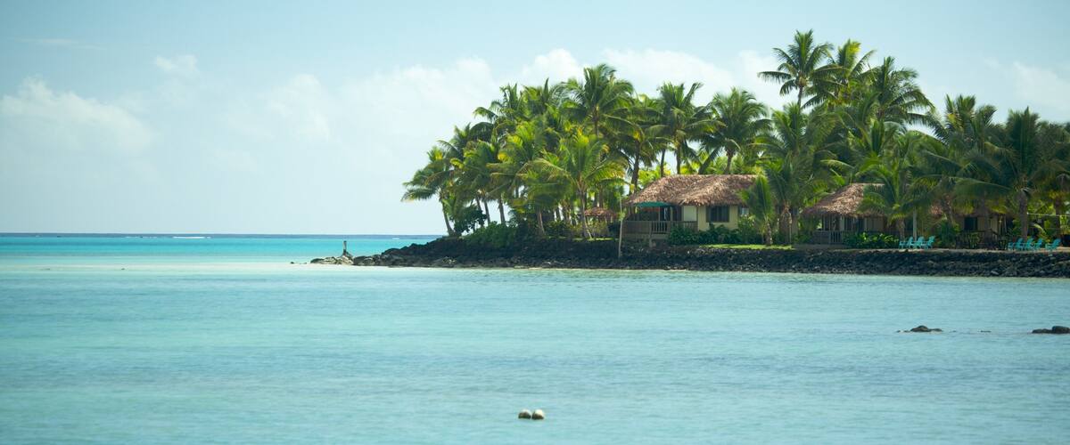 A tropical beach with clear turquoise waters, palm trees, and a thatched-roof hut.
