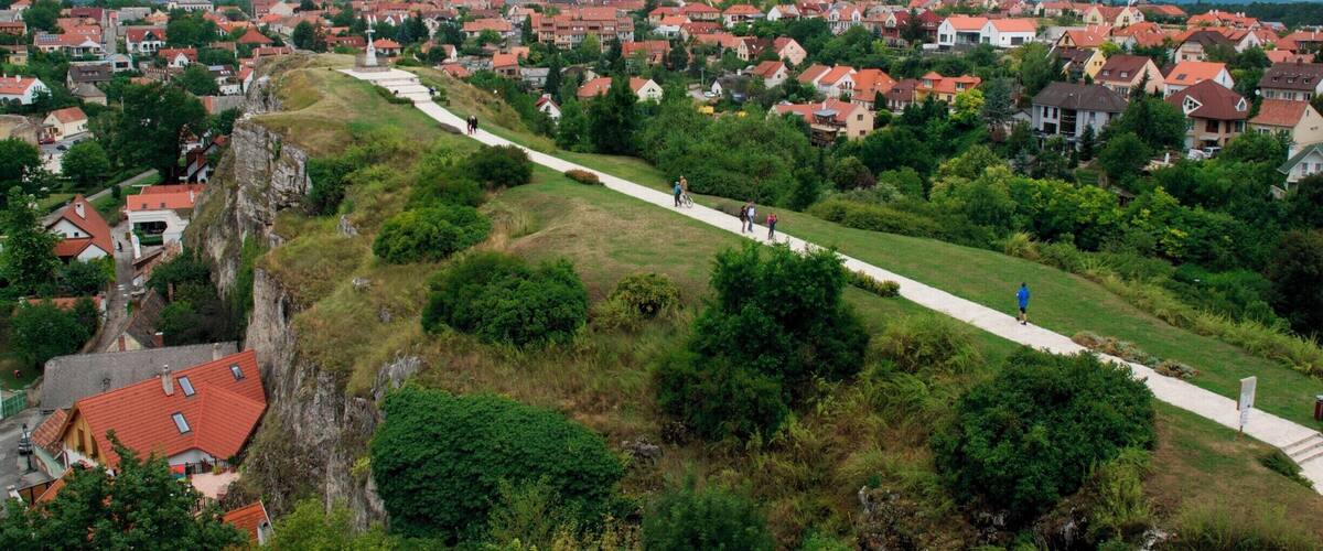 A town with red-roofed houses, a grassy hill, and a path.
