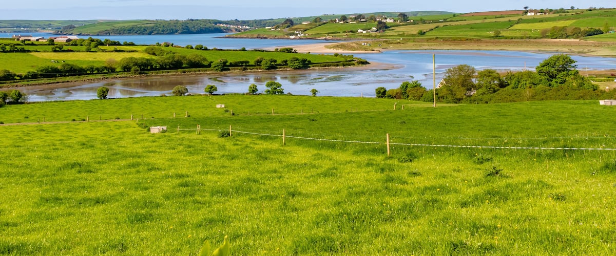 A river flowing through a green valley with fields and houses in the distance.