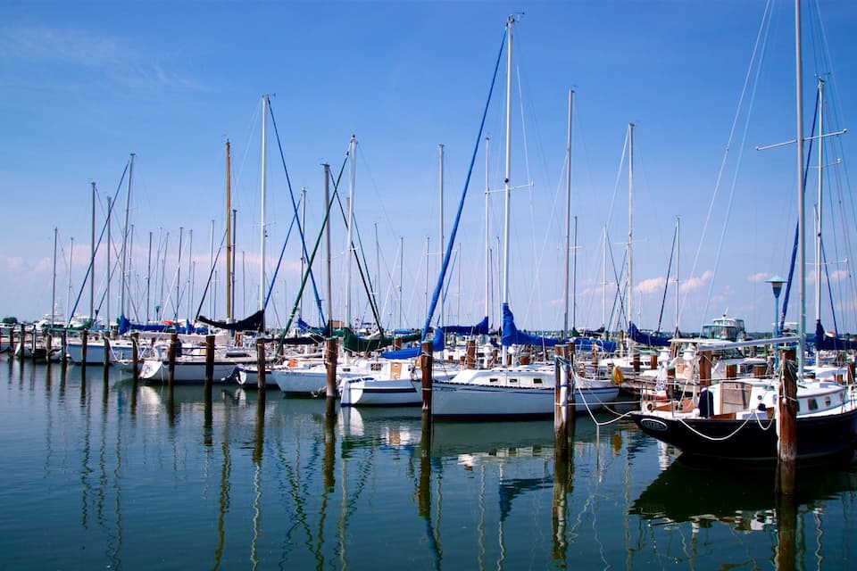 A marina with numerous sailboats docked at wooden piers.