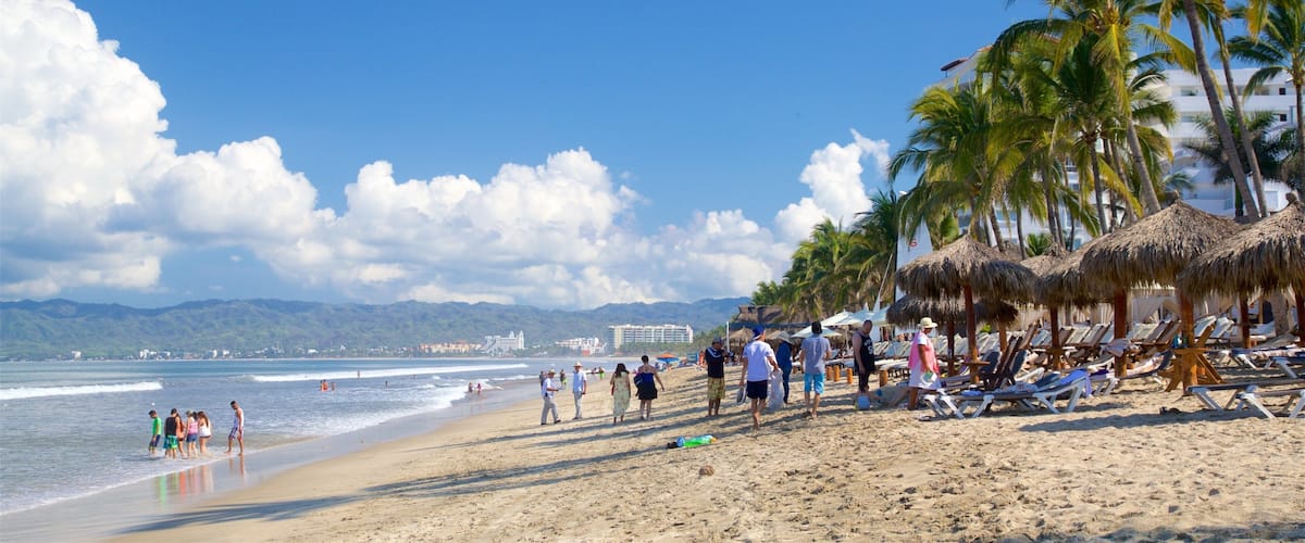 A beach with palm trees, beach umbrellas, and people.
