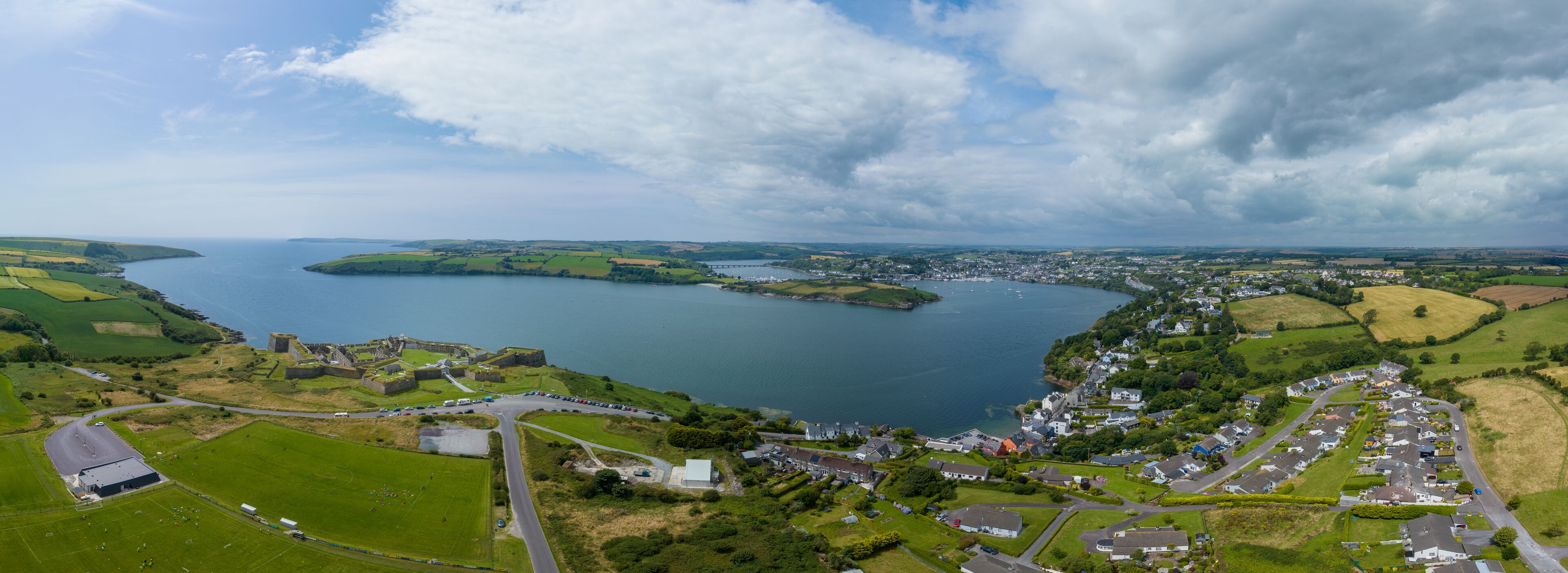 Panoramic aerial view of Kinsale bay with the river Bandon in Southern Ireland guarded by James Fort and Charles Fort on each side popular tourist destination