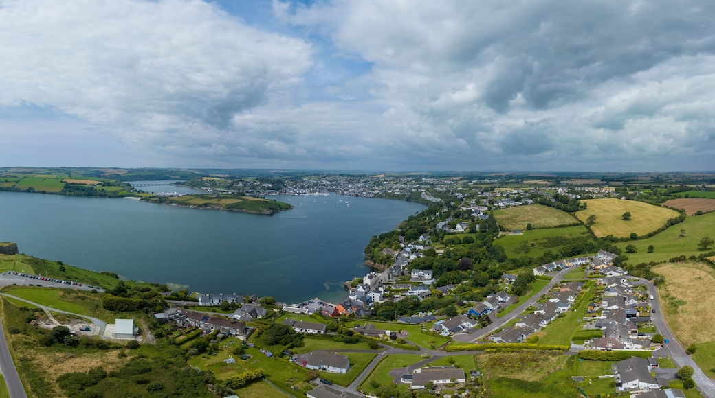 Panoramic aerial view of Kinsale bay with the river Bandon in Southern Ireland guarded by James Fort and Charles Fort on each side popular tourist destination
