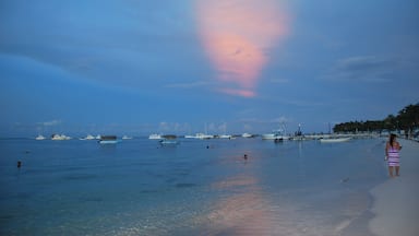 Pleasure and fishing ships are on the raid near the beach at sunset. Punta Cana, Dominican