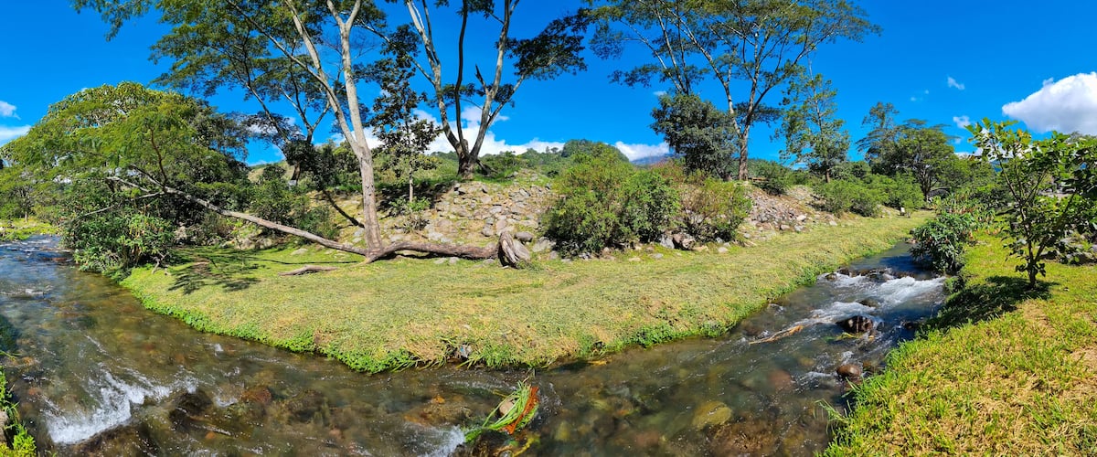 A river flowing through a lush landscape with trees and a clear blue sky.