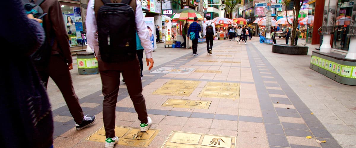 BIFF Square featuring a city as well as a small group of people