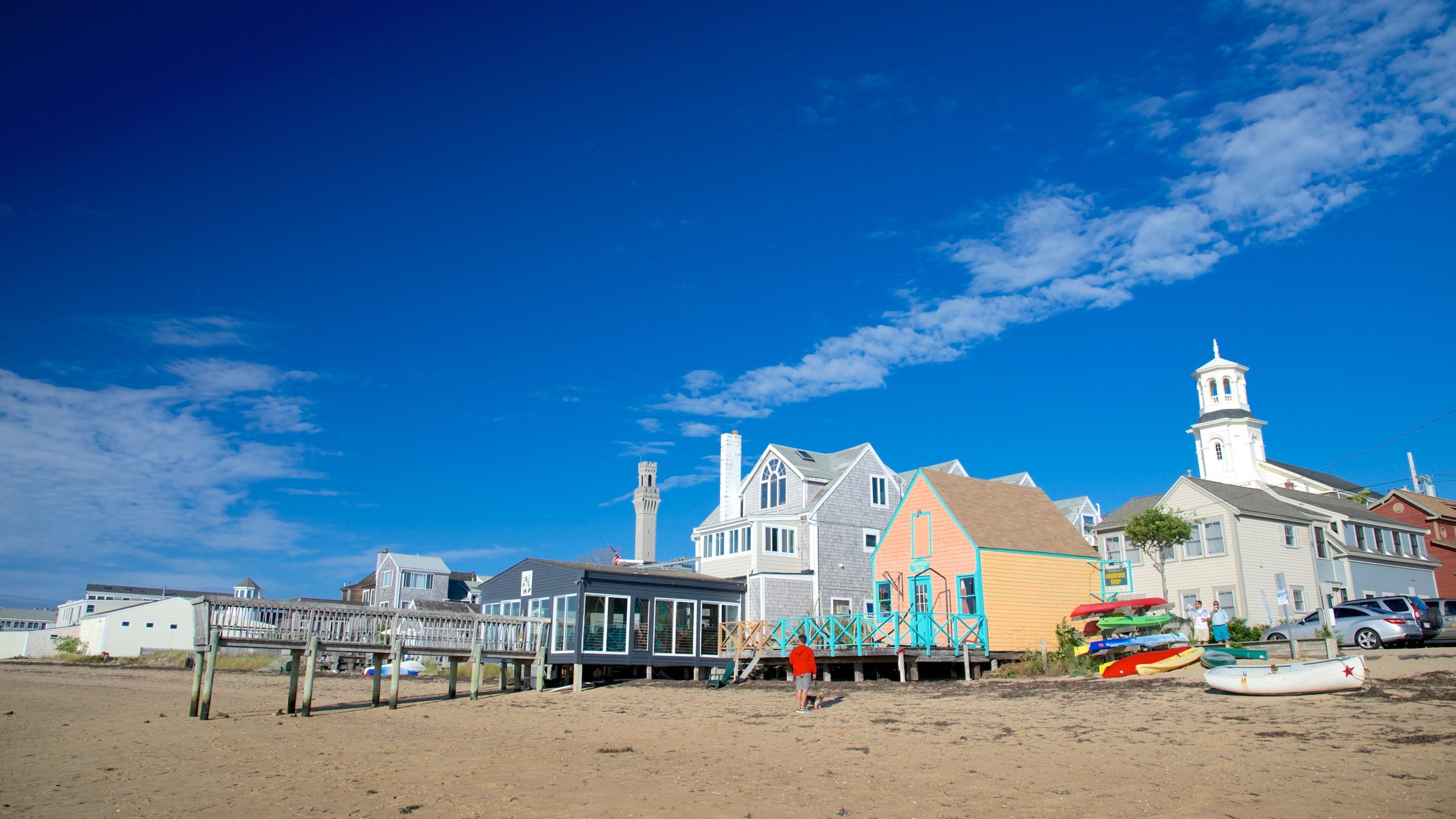 MacMillan Pier showing a beach and a coastal town