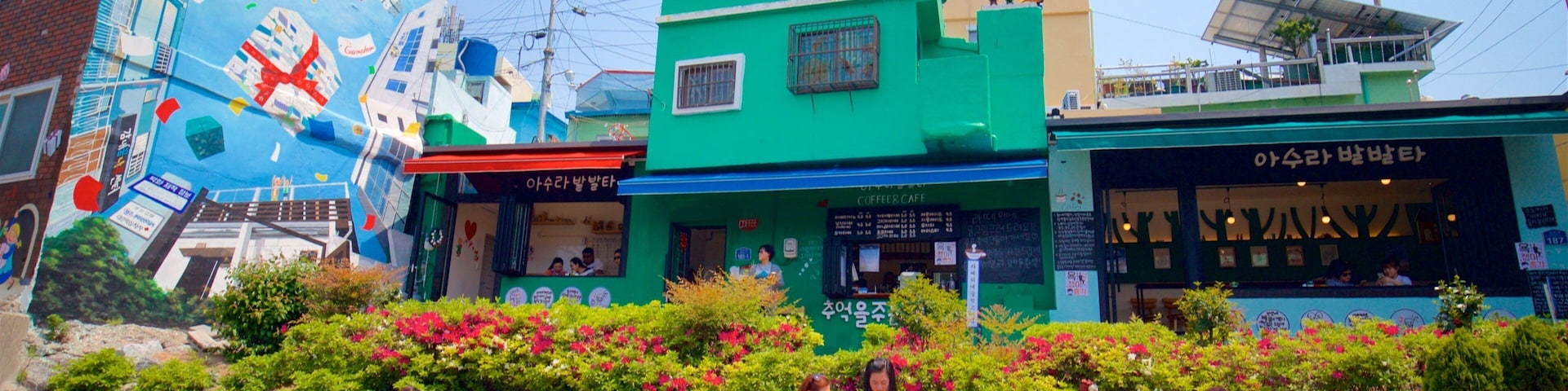 Gamcheon Culture Village mostrando flores silvestres y arte al aire libre y también un pequeño grupo de personas