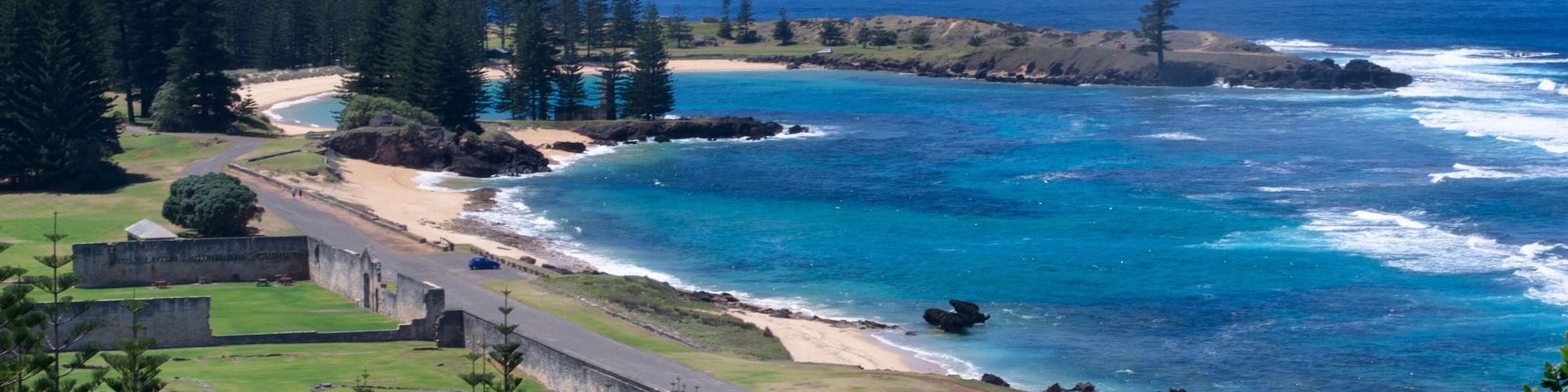 A coastal landscape with a sandy beach, rocky outcrops, dense pine forest, and a clear blue ocean.