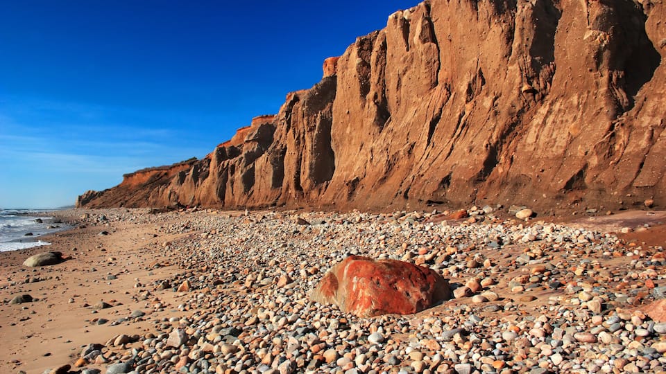 A rocky beach with a large boulder in the foreground and a steep cliff in the background.