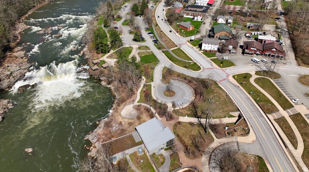Ohiopyle state park beside Youghiogheny River and Ohiopyle State Park with whitewater rapids waterfall visitor center and park with tourist