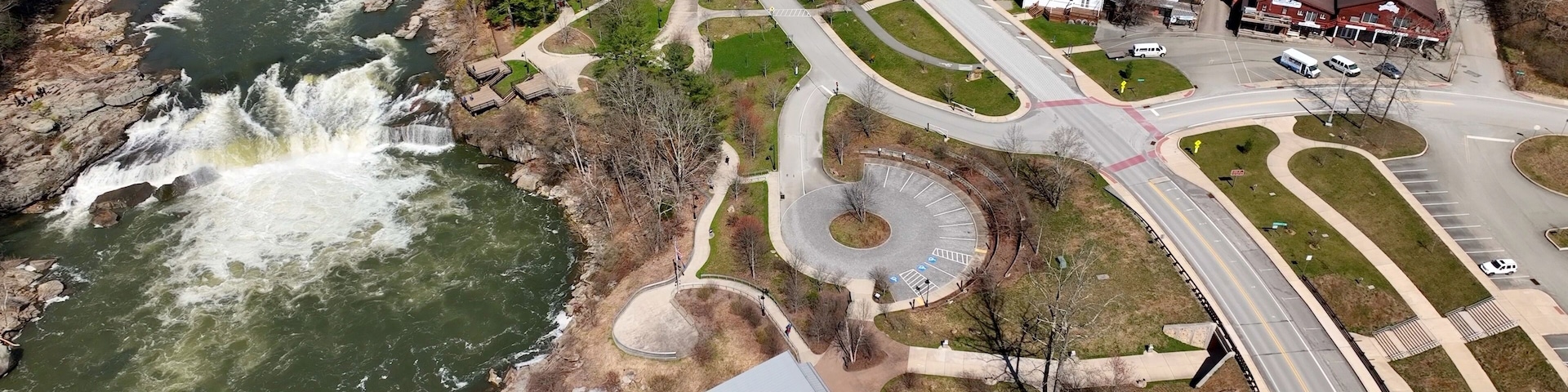 Ohiopyle state park beside Youghiogheny River and Ohiopyle State Park with whitewater rapids waterfall visitor center and park with tourist