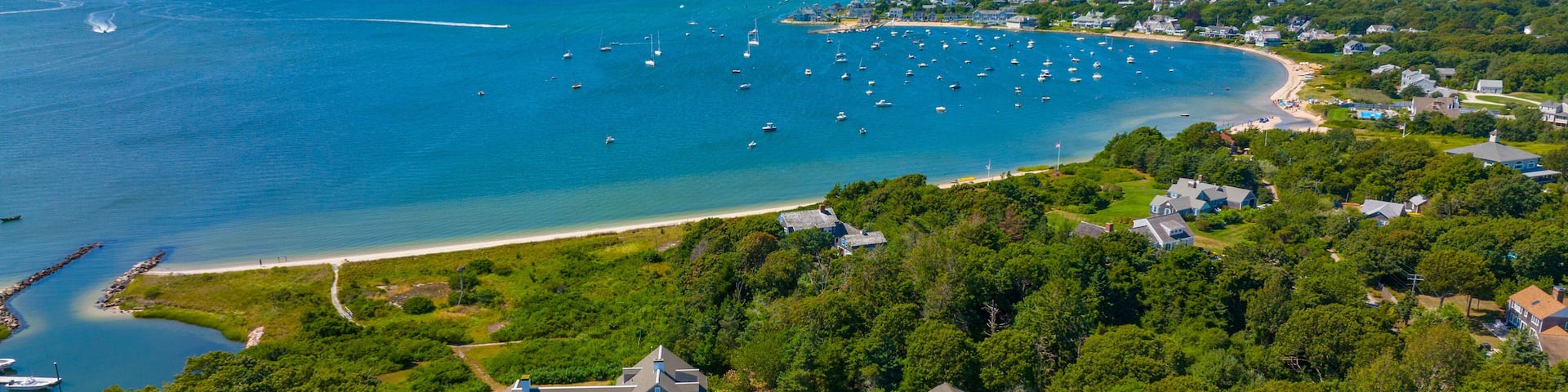 Englewood Beach aerial view at Lewis Bay in West Yarmouth, Cape Cod, Massachusetts MA, USA.