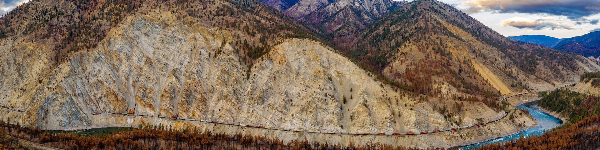 Unique, elevated perspective view of the panorama of Thompson river between Lytton and Spences Bridge