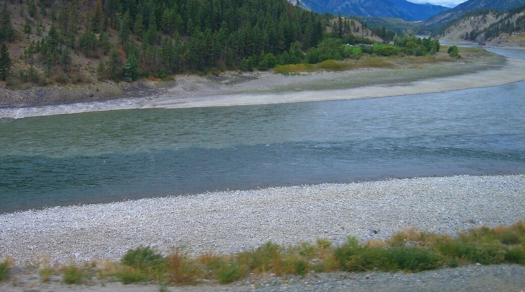 The confluence of the Thompson & Fraser rivers at Lytton, British Columbia. The Thompson is the darker clearer river which meets the mighty, heavily-silted Fraser.