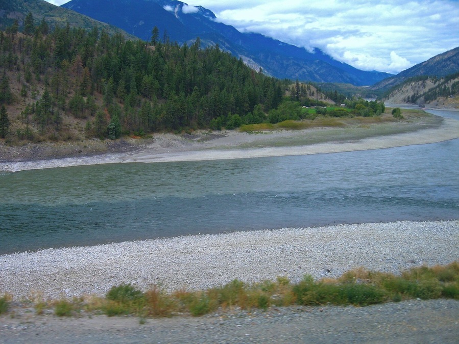 The confluence of the Thompson & Fraser rivers at Lytton, British Columbia. The Thompson is the darker clearer river which meets the mighty, heavily-silted Fraser.