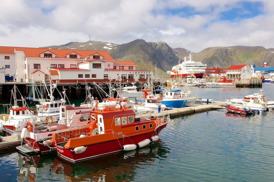 En hamn med båtar, byggnader och berg i bakgrunden.