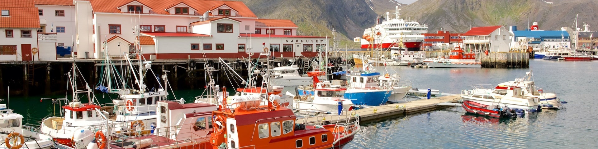 Porto de Honningsvåg mostrando uma marina, montanhas e uma cidade pequena ou vila