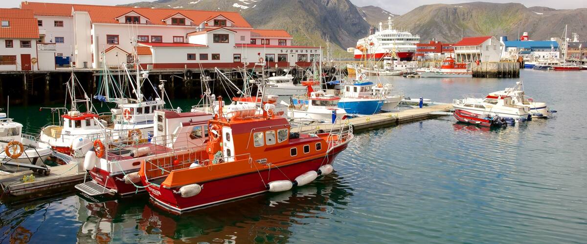 A harbor with boats, buildings, and mountains in the background.