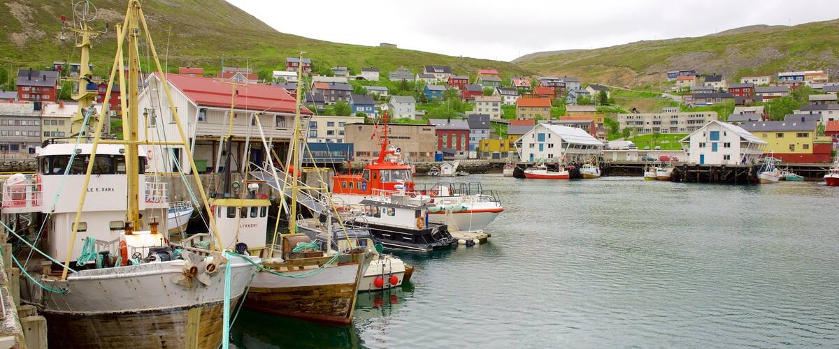 Puerto de Honningsvag ofreciendo botes y una pequeña ciudad o aldea
