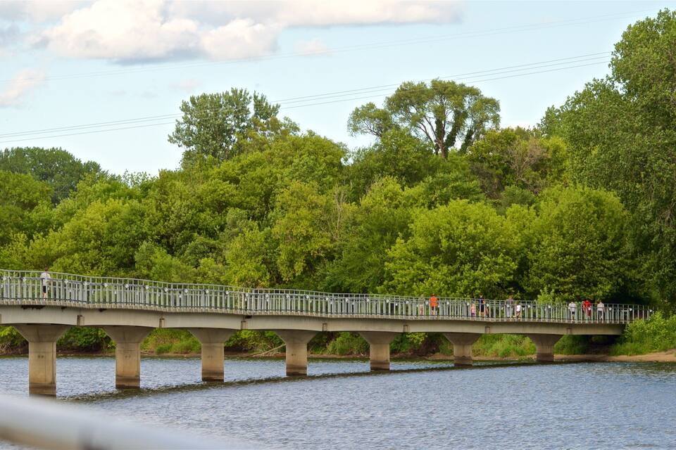 A concrete bridge over a river with metal railings, surrounded by dense green trees.