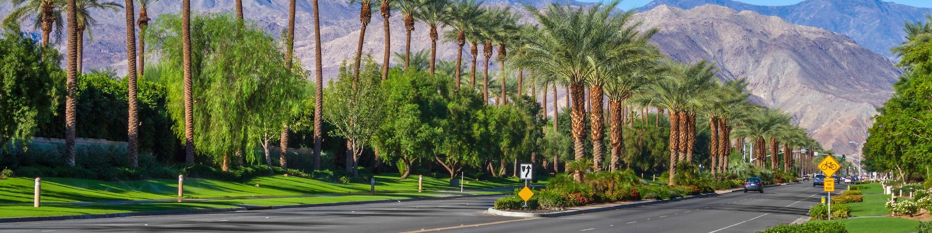 Palm trees line the landscape on California Highway 111 in the city of Indian Wells in the Coachella Valley