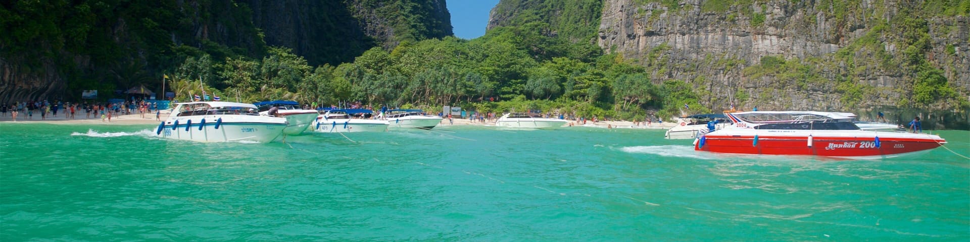 Maya Bay which includes a gorge or canyon, boating and tropical scenes