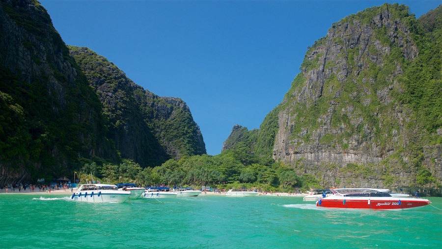 Maya Bay which includes boating, general coastal views and a gorge or canyon