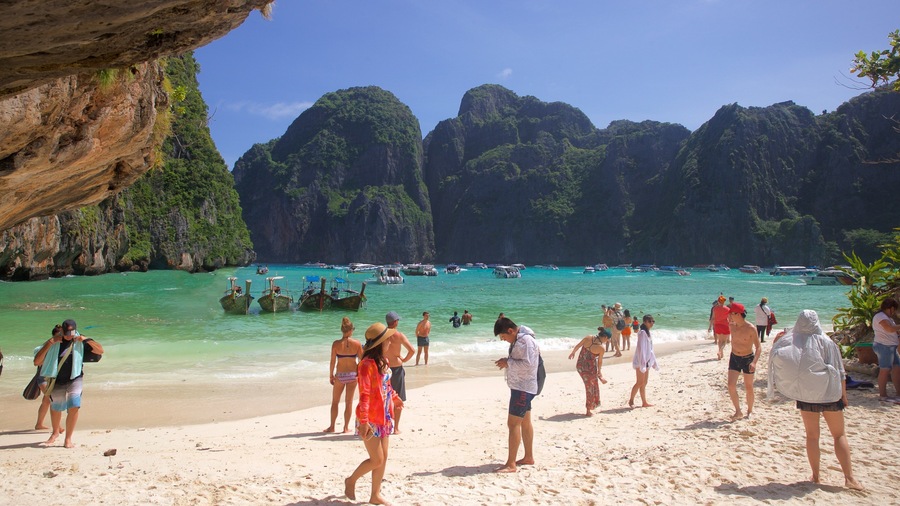 Maya Bay featuring a beach, rugged coastline and general coastal views