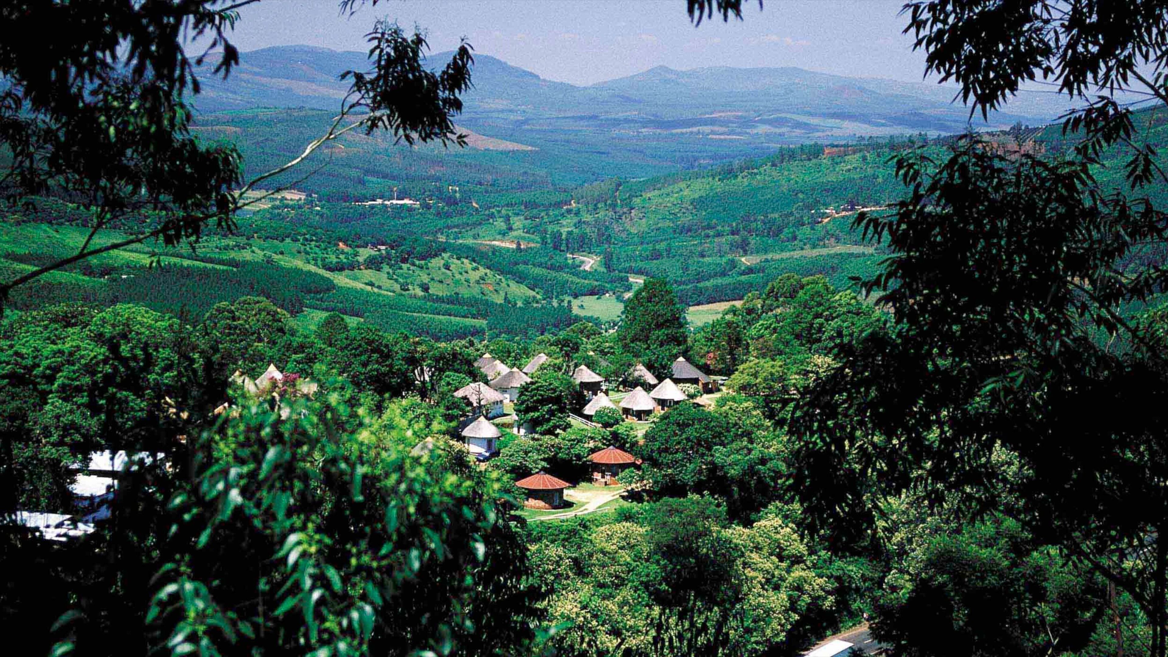 A lush green valley with scattered thatched-roof houses amidst dense foliage.