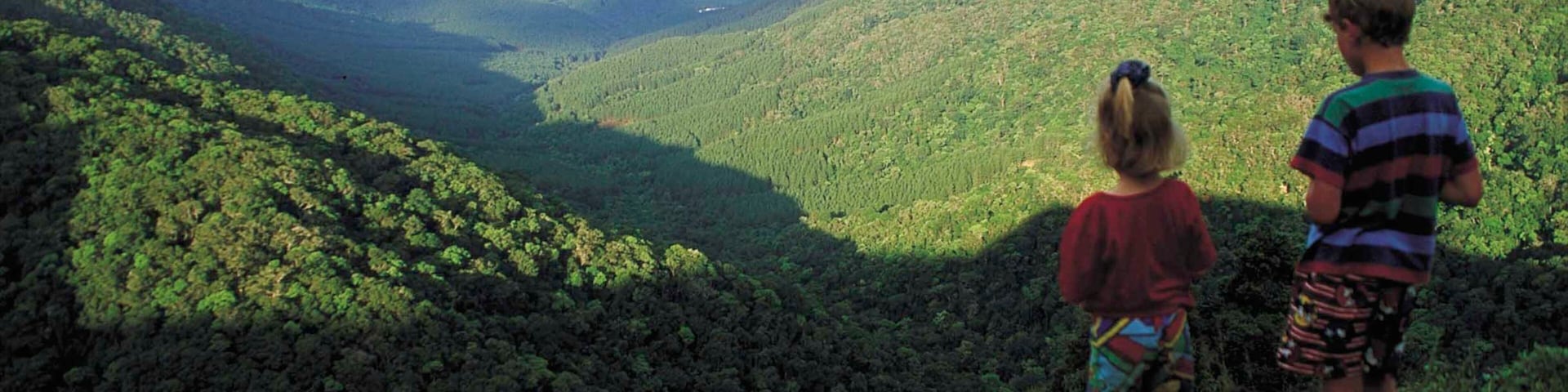 Duas crianças em uma colina gramada, com vista para um vale com florestas densas e montanhas ao longe.