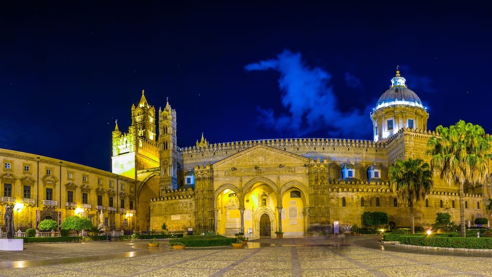 Night view of the cathedral of Palermo, Sicily, Italy